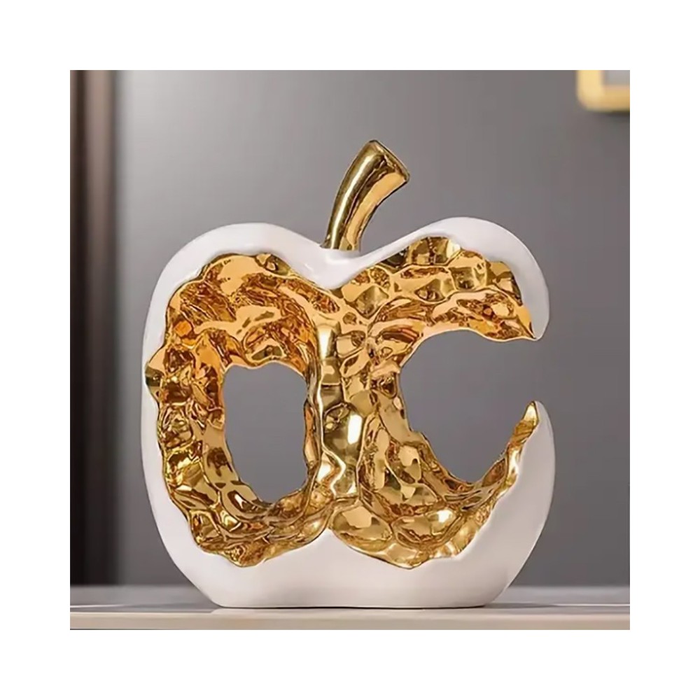 Sculpture artistique de pomme abstraite en céramique blanche et dorée