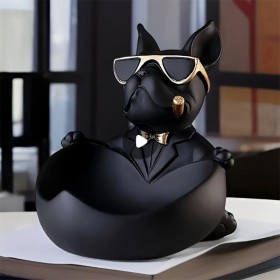 Sculpture de bulldog français en résine avec des lunettes et un nœud papillon doré