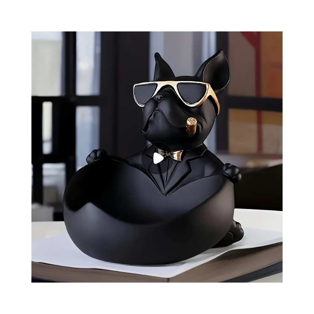 Sculpture de bulldog français en résine avec des lunettes et un nœud papillon doré