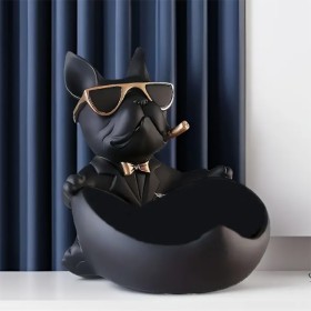 Sculpture de bulldog français en résine avec des lunettes et un nœud papillon doré